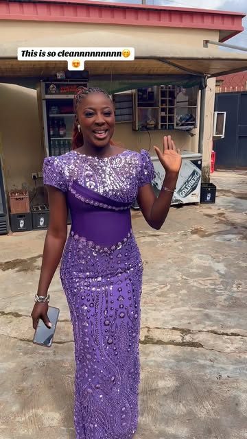 Purple sequin asoebi gown, side view
