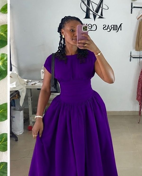 Miras Couture ready-to-wear dress in purple, photographed in the Miras Couture studio