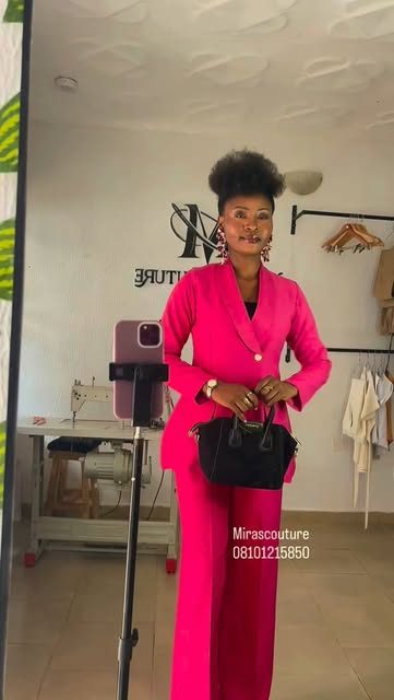 Pink two-piece suit by Miras Couture